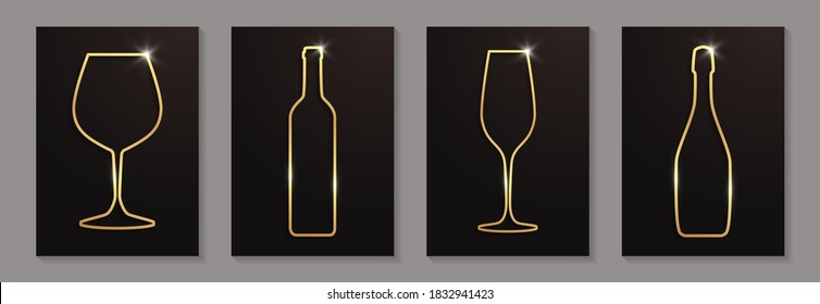 Set of shiny golden wine and champagne glasses and bottles on a black background.