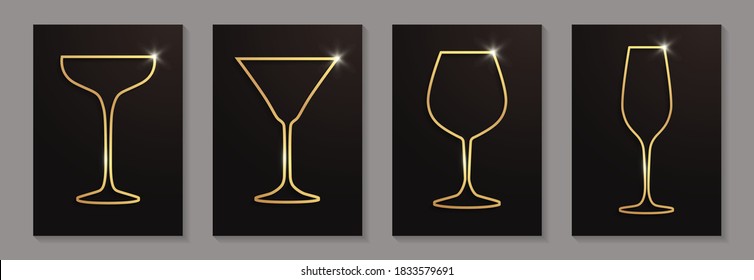 Set of shiny golden wine, champagne and cocktail glasses on a black background.