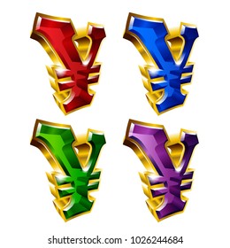 Set of shiny golden yen icons in 3D style and different colors. Vector illustration. Ideal for logo design element, sticker, bagde, ads and any kind of decoration.