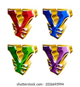Set of shiny golden yen icons in 3D style and different colors. Vector illustration. Ideal for logo design element, sticker, bagde, ads and any kind of decoration.