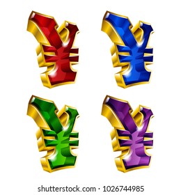 Set of shiny golden yen icons in 3D style and different colors. Vector illustration. Ideal for logo design element, sticker, bagde, ads and any kind of decoration.