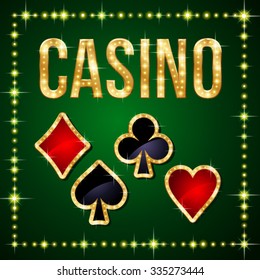 Set of shiny icons for poker and casino in the illumination frame on green background