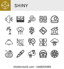 Satz glänzender Symbole. Zum Beispiel Wolke, Licht, Kirsche, Lollipop, Gummibär, Kristallkugel, Reflektor, Ballon, Ballons, Curven, Stern, Meer, Genomik, Hochzeitsring, Drop , glänzende Symbole