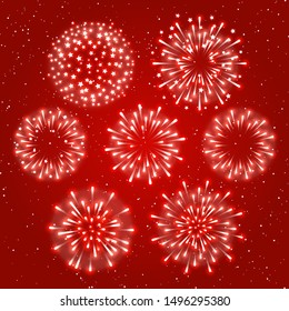 Set of shiny lights  fireworks on starry red background for Christmas and New Year holiday design