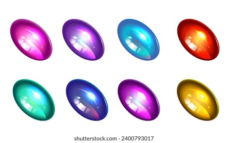 Set of shiny lollipops. Oval candies of pink, blue, purple, green, red colors isolated from background. Vector illustration for design.