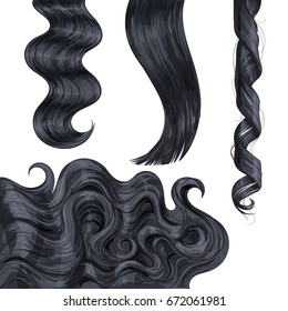 Set of shiny long black, fair straight and wavy hair curls, sketch style vector illustration isolated on white background. Set of hand drawn realistic healthy, shiny flaxen hair curls