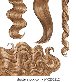 Set of shiny long blond, fair straight and wavy hair curls, sketch style vector illustration isolated on white background. Set of hand drawn realistic healthy, shiny blond, flaxen hair curls