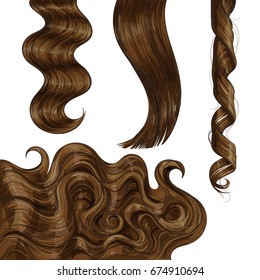 Set of shiny long brown, fair straight and wavy hair curls, sketch style vector illustration isolated on white background. Set of hand drawn realistic healthy, shiny brown, flaxen hair curls