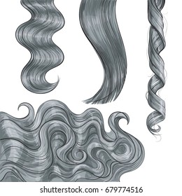 Set of shiny long grey fair straight and wavy hair curls, sketch style vector illustration isolated on white background. Set of hand drawn realistic healthy, shiny grey, flaxen hair curls