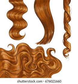 Conjunto de rizos brillantes de cabello recto y ondulado, estilo de dibujo ilustraciones vectoriales aisladas en fondo blanco. Conjunto de rizos de pelo flaxo, rojo brillante y saludable dibujados a mano
