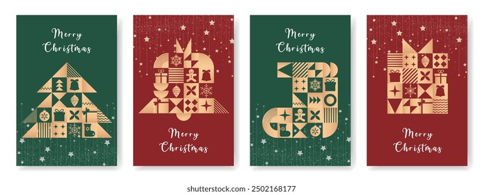 Set of shiny Merry Christmas vector illustrations for greeting cards, posters, holiday covers in modern minimalist geometric style