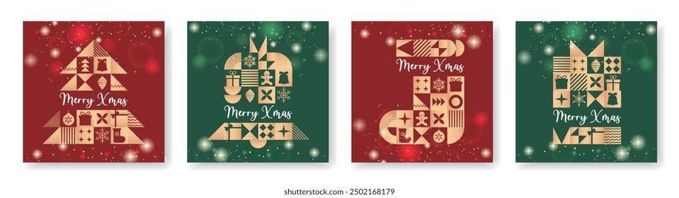 Conjunto de Ilustraciones vectoriales brillantes de Navidades alegres para tarjetas de felicitación, carteles, cubiertas de vacaciones en estilo geométrico minimalista moderno