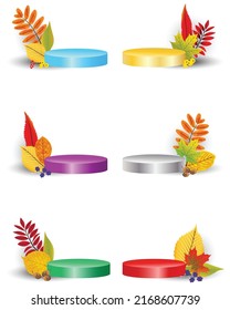 Set of shiny metal circle podium and multi color with fall leaves to display product,background for brand display and brand presentation.Vector illustration. 