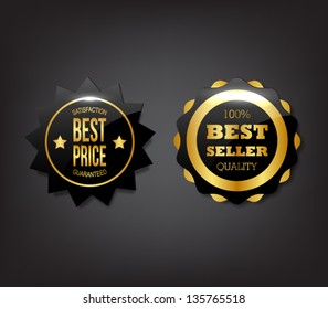 Set of shiny metallic badges / banners with golden frames and text for business design or websites