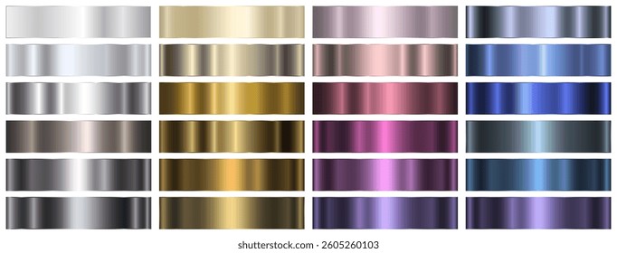 A set of shiny metallic gradients on a white background. The texture of a smooth metal surface, foil. Vector EPS 10.