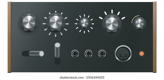 Set of shiny metallic knobs and cable inputs for a vintage radio  transmitter, synthesizer, tv.