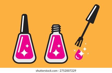 Set of shiny nail polish bottle icons with brush. Glam and simple beauty cosmetic symbols, isolated on orange background, suitable for manicure, nail salon branding, beauty apps, packaging, UI design.