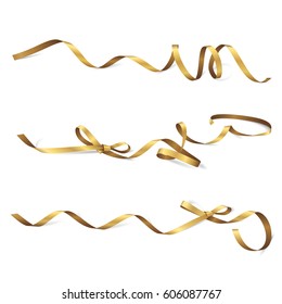 Set of shiny narrow curved golden ribbons with small bows. Vector realistic elements for gift cards, vouchers and certificates. Isolated from the background