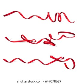 Set of shiny narrow curved red ribbons with small bows. Vector realistic elements for gift cards, vouchers and certificates. Isolated from the background.