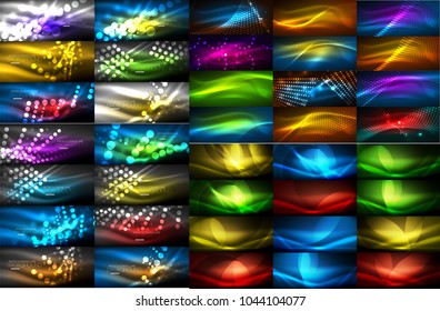 Set of shiny neon color lights on dark backgrounds, blurred effects, vector illustration