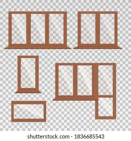 Set of shiny new windows with brown frames. Realistic glass transparent plastic or wooden windows with window sills and sashes. Vector illustration.