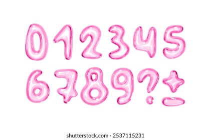 Set of shiny pink bubble style numbers and symbols on white background. Playful glossy digits ranging from 0 to 9, additional punctuation marks. Realistic 3d design. Vector illustration