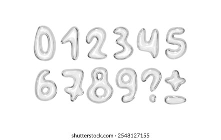 Set of shiny pink bubble style numbers and symbols on white background. Playful glossy digits ranging from 0 to 9, additional punctuation marks. Realistic 3d design. Vector illustration