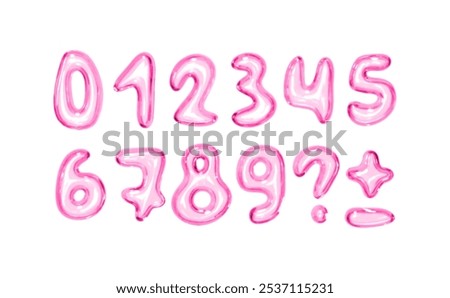 Set of shiny pink bubble style numbers and symbols on white background. Playful glossy digits ranging from 0 to 9, additional punctuation marks. Realistic 3d design. Vector illustration