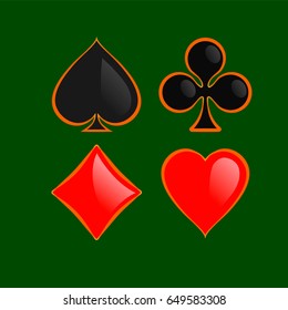 Set of shiny playing card suitswith gold outline isolated on green background