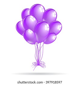 Set of shiny purple balloons, joined together, with bow. Vector illustration.