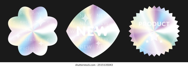 A set of shiny rainbow premium class emblems. Sticker templates with a holographic effect. Vector holographic labels.