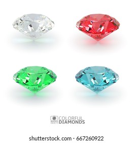 Set of shiny realistic 3d diamonds isolated on white background, front view, vector illustration
