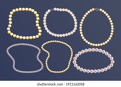 Set of shiny realistic gold and pearl beads on dark background, vector illustration, isolated. Vector, EPS 10