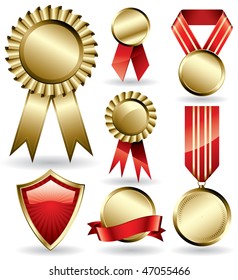 Set of shiny red and gold award ribbons and medals