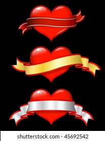 set of  shiny red hearts with scrolls