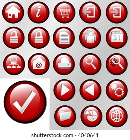Conjunto de iconos de botón de control de entrada de color rojo brillante para fondos blancos o grises.