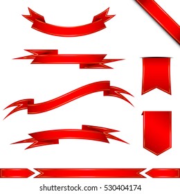 Set of shiny red ribbons. Vector realistic elements for your design greeting or gift card and invitation for holidays. Isolated from the background.