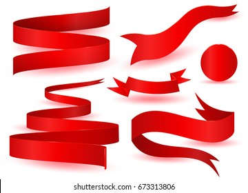 Set of shiny red ribbons. Vector realistic elements for your design greeting or gift card and invitation for holidays. Isolated from the background.