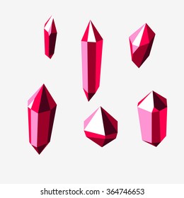 Set of shiny red rubies on white. Red crystals isolated on white