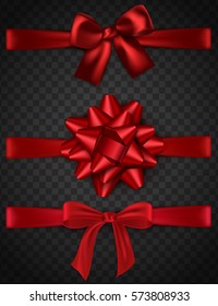 Set of shiny red satin bow, bowtie, ribbon on transparent background. Vector illustration eps 10 format.
