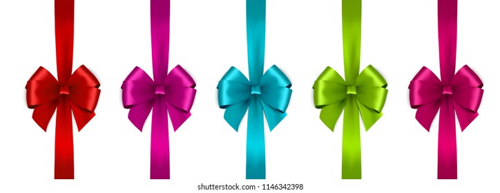 Set Of Shiny Satin Ribbon On White Background. Vector Bow And Ribbon. Christmas Gift, Valentines Day, Birthday  Wrapping Element