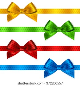 Set of Shiny satin ribbon with polka dots on white background. Red, green, blue and yellow color. Vector