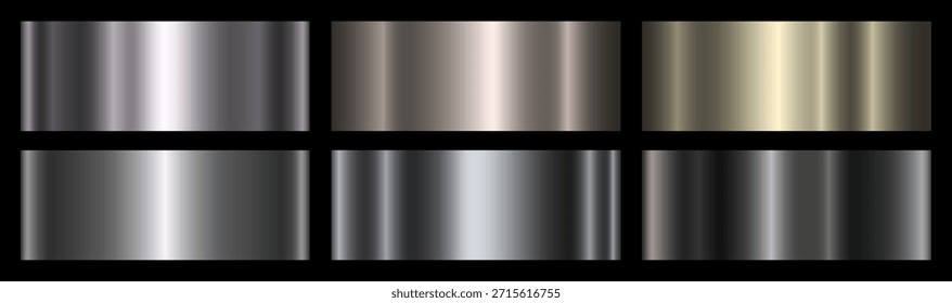 Um conjunto de gradientes prateados e pretos brilhantes sobre um fundo preto. Efeitos de gradiente metálico para design de texto e infográfico. Uma coleção de banners de metal. Vetor EPS 10