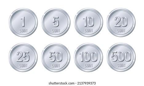 Set of shiny silver coins of different denominations. Vector illustration isolated on a white background.