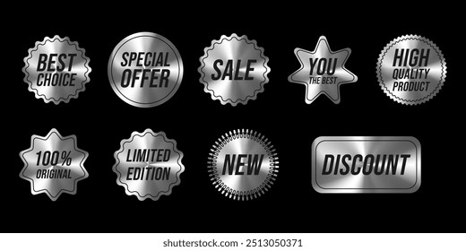 A set of shiny silver stickers with the words Best Choice, Sale, High Quality Product, Limited Edition, New, and Discount