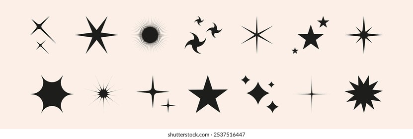 Set of shiny sparkle, star and sun shapes. Abstract explosion, glow, and blink effects for celebrate party design. Twinkle glitter and flash graphic elements. Isolated vector illustrations.