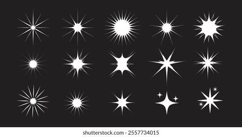 Set of shiny sparkle, star and sun shapes. Abstract vector glow, explosion and blink effects for celebrate party design. Twinkle glitter and flash graphic elements. Isolated illustrations.