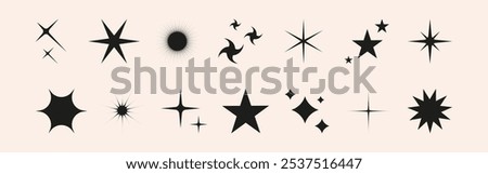 Set of shiny sparkle, star and sun shapes. Abstract explosion, glow, and blink effects for celebrate party design. Twinkle glitter and flash graphic elements. Isolated vector illustrations.