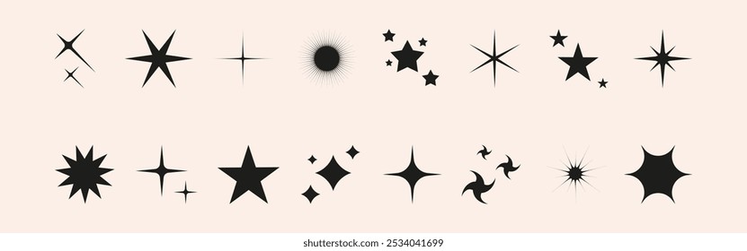 Conjunto de Formas brillantes, remolinos, estrellas y sol. Abstractas efectos de brillo, explosión y parpadeo para celebrar el diseño de la fiesta. Brillo de destello y Elementos gráficos flash. Ilustraciones vectoriales aisladas.