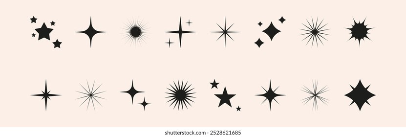 Conjunto de estrelas brilhantes, brilho, formas de sol. Vetor abstrato brilho, explosão e efeitos de piscar para comemorar o projeto da festa. Brilho cintilante e elementos gráficos em flash. Ilustrações isoladas.